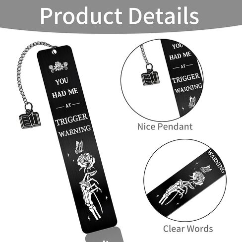 Dark Romance Bookmark Gift for Women, Gothic Book Merch Metal Black Bookmark with Rose Skeleton Hand Charm, Reading List Accessory for Book Lovers, Gift with Box in Saudi Arabia