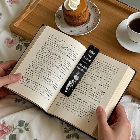 Dark Romance Bookmark Gift for Women, Gothic Book Merch Metal Black Bookmark with Rose Skeleton Hand Charm, Reading List Accessory for Book Lovers, Gift with Box in Saudi Arabia