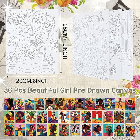 36 قطعة قماش مرسومة مسبقًا مقاس 8 × 10 بوصة للرسم على قماش قطني أفرو كوين للرسم على القماش الممدد مسبقًا للبالغين والأطفال مخطط قماشي مرسوم مسبقًا للرشفة والطلاء لصالح لوازم الحفلات in Kuwait