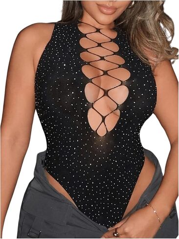 SHENHE Women's Cut Out Criss Cross Deep V Sleeveless Sexy Plunge Neck Bodysuit Clubwear in Kuwait