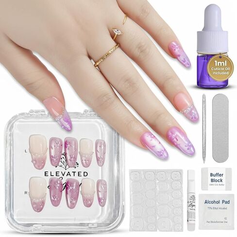 Medium-Rose Quartz Elegance Fake Nails Press-On Manicure Kit for Women | French Tip 10 Nails | Nail Glue, Dual Nail File, Cuticle Stick, Buffer Block | Measure Before Ordering in Saudi Arabia