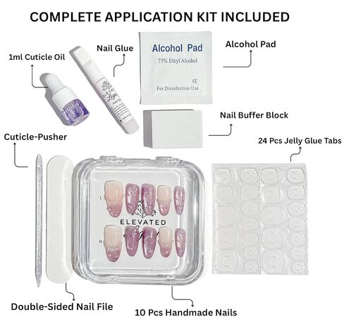 Medium-Rose Quartz Elegance Fake Nails Press-On Manicure Kit for Women | French Tip 10 Nails | Nail Glue, Dual Nail File, Cuticle Stick, Buffer Block | Measure Before Ordering in Saudi Arabia