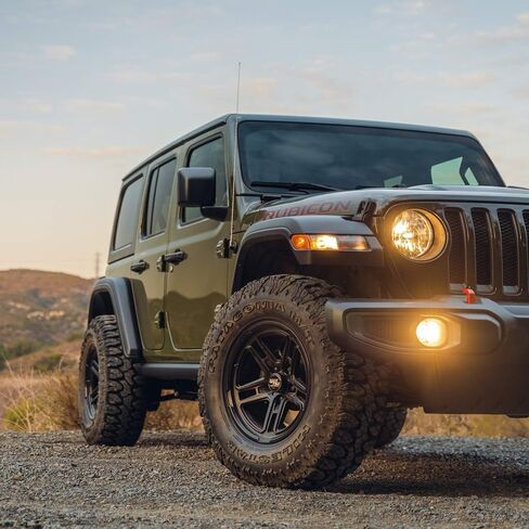 RockTrix RT108 17 inch Wheel Compatible with Jeep Wrangler JK JL 17x9 5x5 Wheels (-12mm Offset, 4.5in Backspace) 5x5 PCD, 71.5mm Bore, Black Wheels, Also fits Gladiator JT Rims in Saudi Arabia