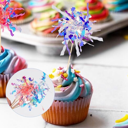 Cupcake Toppers, 30 PCS Multicolor Firework Cupcake Decorations Picks Sparkle Tinsel Cake Toppers Toothpicks for Wedding Baby Shower Birthday Party Decoration in Saudi Arabia