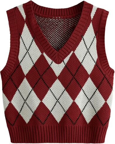 SweatyRocks Women's Plaid Geo Sleeveless V Neck Knit Crop Top Sweater Vest Dark Green White Large in Saudi Arabia