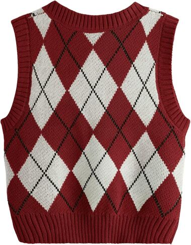 SweatyRocks Women's Plaid Geo Sleeveless V Neck Knit Crop Top Sweater Vest Dark Green White Large in Saudi Arabia