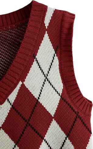 SweatyRocks Women's Plaid Geo Sleeveless V Neck Knit Crop Top Sweater Vest Dark Green White Large in Saudi Arabia