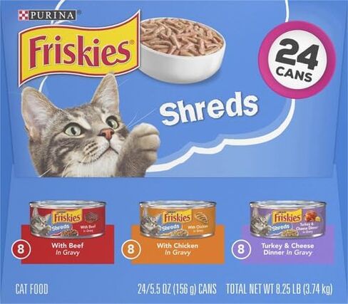 Purina Friskies Gravy Wet Cat Food Variety Pack, Shreds Beef, Chicken And Turkey & Cheese Dinner - (24) 5.5 Oz. Cans in Kuwait