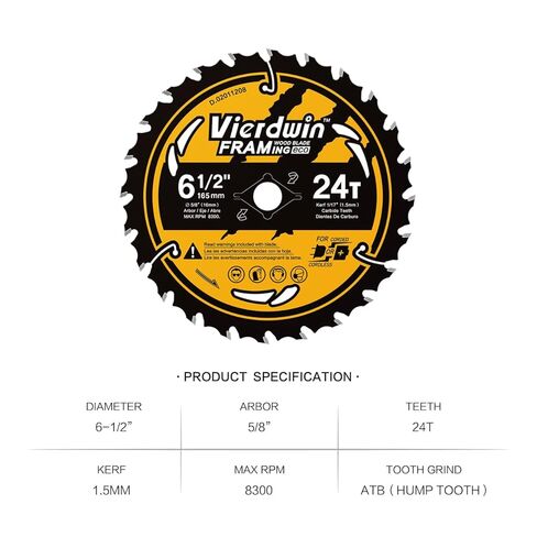 شفرة منشار دائرية ذات تأطير سريع 6-1/2 بوصة 24T ATB مع عمود 5/8 بوصة لقطع الخشب مع طلاء... in Kuwait