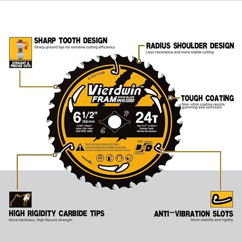شفرة منشار دائرية ذات تأطير سريع 6-1/2 بوصة 24T ATB مع عمود 5/8 بوصة لقطع الخشب مع طلاء... in Kuwait
