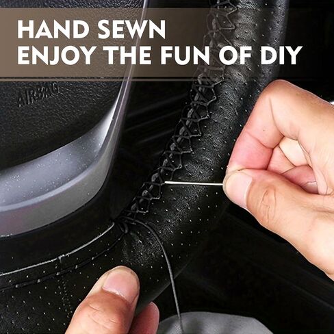 Genuine Leather Steering Wheel Cover, 15 Inch Hand Sewing Steering Wheel Wrap, Anti Slip Car Steering Wheel Protector Covers, DIY Sewing with Needle Thread, for Most Vehicle (Black, Hole) in Saudi Arabia