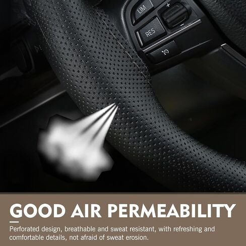 Genuine Leather Steering Wheel Cover, 15 Inch Hand Sewing Steering Wheel Wrap, Anti Slip Car Steering Wheel Protector Covers, DIY Sewing with Needle Thread, for Most Vehicle (Black, Hole) in Saudi Arabia