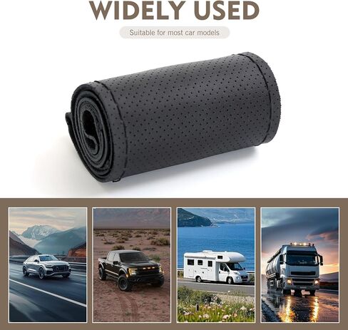Genuine Leather Steering Wheel Cover, 15 Inch Hand Sewing Steering Wheel Wrap, Anti Slip Car Steering Wheel Protector Covers, DIY Sewing with Needle Thread, for Most Vehicle (Black, Hole) in Saudi Arabia