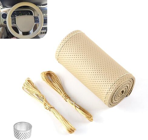 Genuine Leather Steering Wheel Cover, 15 Inch Hand Sewing Steering Wheel Wrap, Anti Slip Car Steering Wheel Protector Covers, DIY Sewing with Needle Thread, for Most Vehicle (Black, Hole) in Saudi Arabia