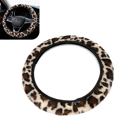 Fuzzy Steering Wheel Cover, Anti-Slip Sweat-Absorbing Elastic Cover Without Inner Ring, Stylish Leopard Texture Interior Decoration for Men Women, for 14.96" Wteering Wheel Vehicles (Brown) in Kuwait