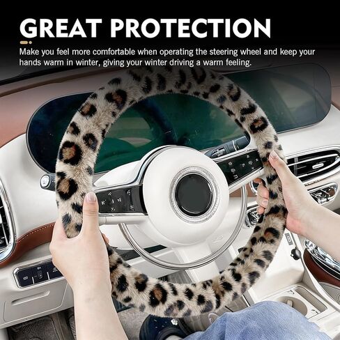 Fuzzy Steering Wheel Cover, Anti-Slip Sweat-Absorbing Elastic Cover Without Inner Ring, Stylish Leopard Texture Interior Decoration for Men Women, for 14.96" Wteering Wheel Vehicles (Brown) in Kuwait