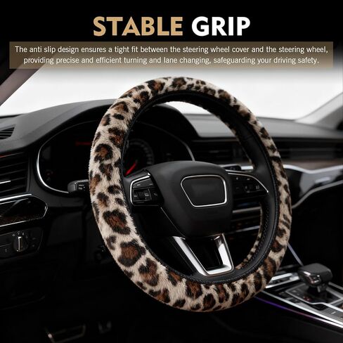 Fuzzy Steering Wheel Cover, Anti-Slip Sweat-Absorbing Elastic Cover Without Inner Ring, Stylish Leopard Texture Interior Decoration for Men Women, for 14.96" Wteering Wheel Vehicles (Brown) in Kuwait
