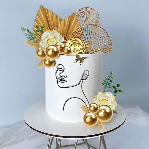 20 PCS Abstract Minimalist Art Lady Face Lines Cake Toppers Boho Flower Ginkgo Leaves Cake Decorations for Women Birthday Wedding Boho Themed Supplies (Gold) in Saudi Arabia