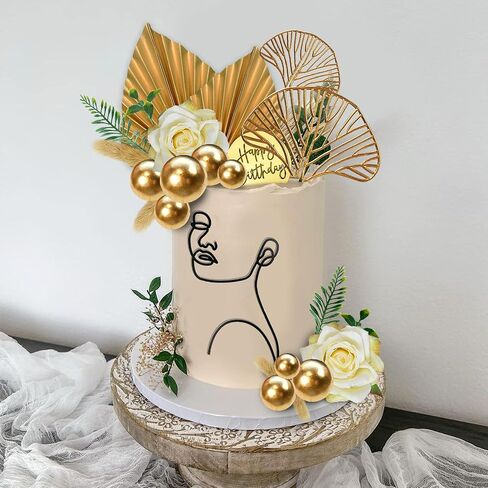 20 PCS Abstract Minimalist Art Lady Face Lines Cake Toppers Boho Flower Ginkgo Leaves Cake Decorations for Women Birthday Wedding Boho Themed Supplies (Gold) in Saudi Arabia