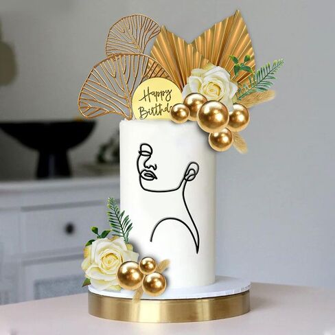 20 PCS Abstract Minimalist Art Lady Face Lines Cake Toppers Boho Flower Ginkgo Leaves Cake Decorations for Women Birthday Wedding Boho Themed Supplies (Gold) in Saudi Arabia