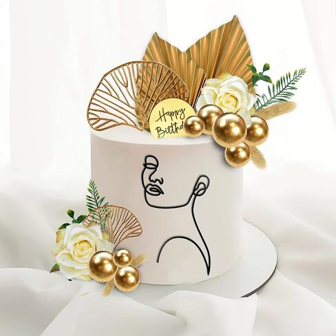 20 PCS Abstract Minimalist Art Lady Face Lines Cake Toppers Boho Flower Ginkgo Leaves Cake Decorations for Women Birthday Wedding Boho Themed Supplies (Gold) in Saudi Arabia