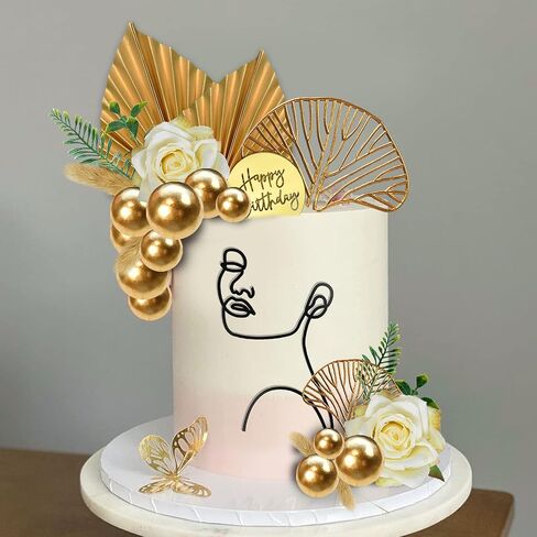 20 PCS Abstract Minimalist Art Lady Face Lines Cake Toppers Boho Flower Ginkgo Leaves Cake Decorations for Women Birthday Wedding Boho Themed Supplies (Gold) in Saudi Arabia
