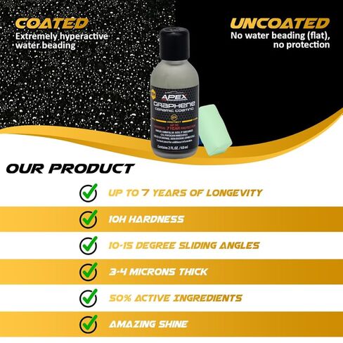 Apex 7 Year Graphene Ceramic Coating 10H with 2 Applicators 60mL - Durable Paint Protection Up to 7 Years - Applies Easily - Hydrophobic Graphene Ceramic for Ultra Gloss - Great on Paint/Glass/Wheels in Saudi Arabia