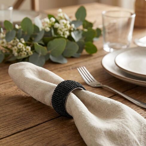 GURU JEE™ Handmade Beaded Napkin Rings Set of 4 Black Glass Beaded Napkin Holders 1.5 Inches Artisan Crafted in India in Kuwait