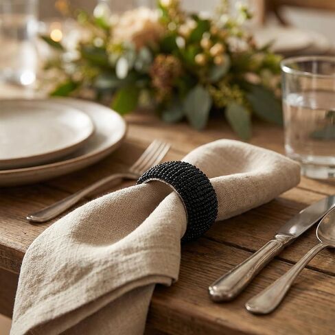 GURU JEE™ Handmade Beaded Napkin Rings Set of 4 Black Glass Beaded Napkin Holders 1.5 Inches Artisan Crafted in India in Kuwait