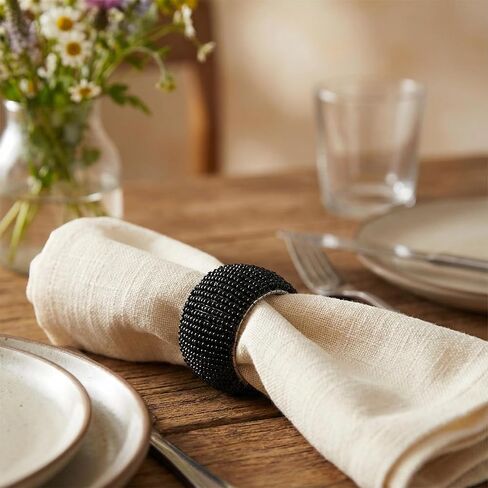 GURU JEE™ Handmade Beaded Napkin Rings Set of 4 Black Glass Beaded Napkin Holders 1.5 Inches Artisan Crafted in India in Kuwait