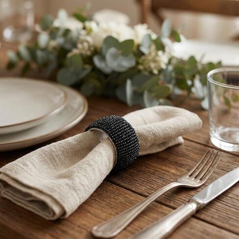 GURU JEE™ Handmade Beaded Napkin Rings Set of 4 Black Glass Beaded Napkin Holders 1.5 Inches Artisan Crafted in India in Kuwait