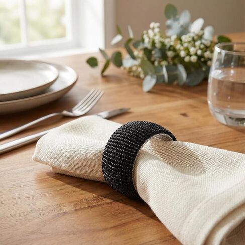 GURU JEE™ Handmade Beaded Napkin Rings Set of 4 Black Glass Beaded Napkin Holders 1.5 Inches Artisan Crafted in India in Kuwait
