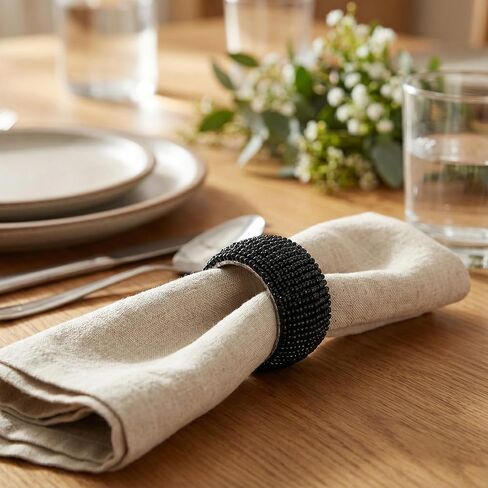 GURU JEE™ Handmade Beaded Napkin Rings Set of 4 Black Glass Beaded Napkin Holders 1.5 Inches Artisan Crafted in India in Kuwait