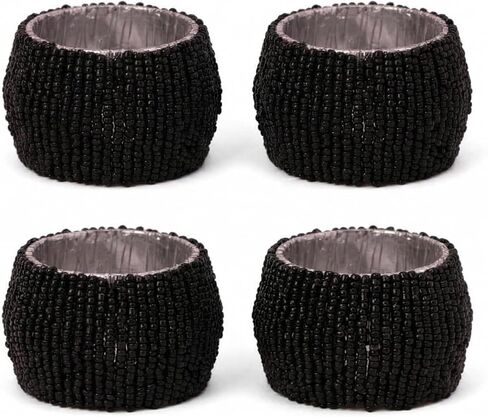 GURU JEE™ Handmade Beaded Napkin Rings Set of 4 Black Glass Beaded Napkin Holders 1.5 Inches Artisan Crafted in India in Kuwait