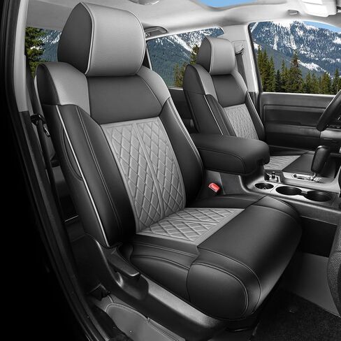 أغطية مقاعد لسيارة Toyota Tundra 2014 2015 2016 2017 2018 2019 2020 2021 مجموعة كاملة مخصصة، أغطية مقاعد جلدية متينة ومقاومة للماء للسيارة - أسود/رمادي (فقط لسيارة CrewMax Cab) in Kuwait