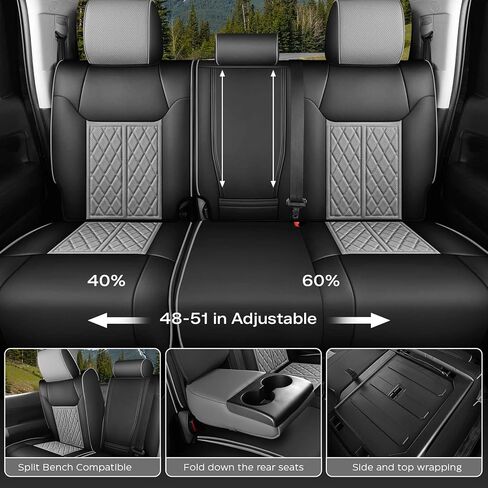 أغطية مقاعد لسيارة Toyota Tundra 2014 2015 2016 2017 2018 2019 2020 2021 مجموعة كاملة مخصصة، أغطية مقاعد جلدية متينة ومقاومة للماء للسيارة - أسود/رمادي (فقط لسيارة CrewMax Cab) in Kuwait