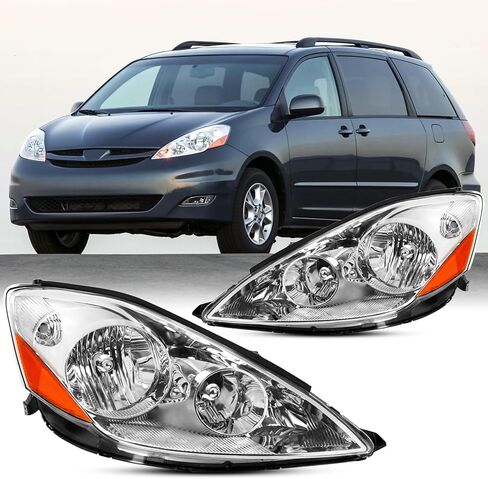 2PCS Halogen Headlight Assembly For Facelift 2006 2007 2008 2009 2010 Toyota Sienna CE LE XLE Limited Replacement Headlamp Passenger and Driver Side Chrome Housing Amber Reflector in Saudi Arabia
