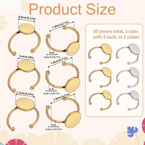 Alrhso 30Pcs Silver Gold Ring Blanks Stainless Steel Ring Base for Jewelry Making Flat Adjustable Blank Rings Steel Rings Bases for Crochet, Flatback Blank Ringes Settings Bases Tray in Saudi Arabia