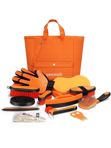 Horse Grooming Kit (12-Piece): Brushes, Storage Bag, Sweat Scraper, Mane Comb, Grooming Gloves - Purple Horse Gifts for Girls in Kuwait