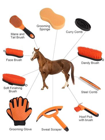 Horse Grooming Kit (12-Piece): Brushes, Storage Bag, Sweat Scraper, Mane Comb, Grooming Gloves - Purple Horse Gifts for Girls in Kuwait