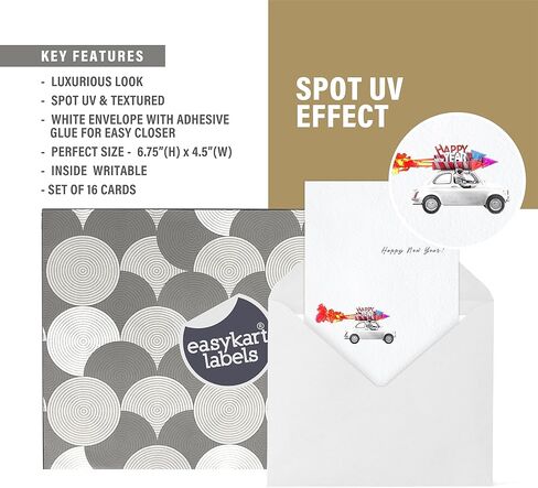 easykart labels 16 Happy New Year Cards with Envelopes | Spot UV & Texture Finish | 6.75 x 4.5 Inch New Year Wishes Cards with Seal Stickers For Friends, Family and loved Ones (1 PACK) in Saudi Arabia