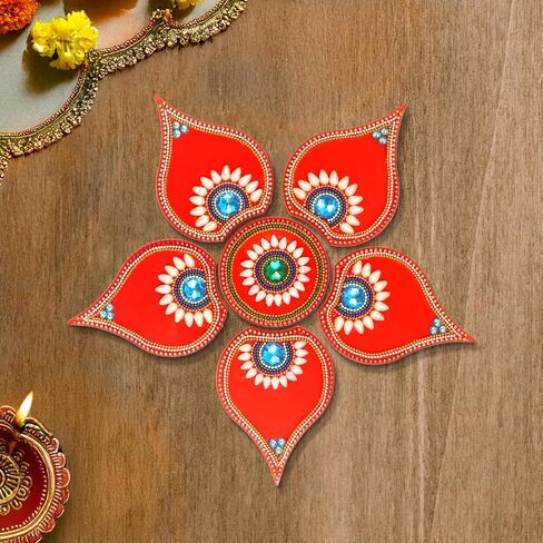 ديكورات أرضية Diwali Rangoli مصنوعة يدويًا من الأكريليك الأحمر Dipak لتزيين الطاولة وأحجار مرصعة بالترتر والديكور التقليدي لباب المنزل | ملصقات الحائط الأرضية RJV-002 in Saudi Arabia