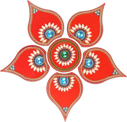 ديكورات أرضية Diwali Rangoli مصنوعة يدويًا من الأكريليك الأحمر Dipak لتزيين الطاولة وأحجار مرصعة بالترتر والديكور التقليدي لباب المنزل | ملصقات الحائط الأرضية RJV-002 in Saudi Arabia