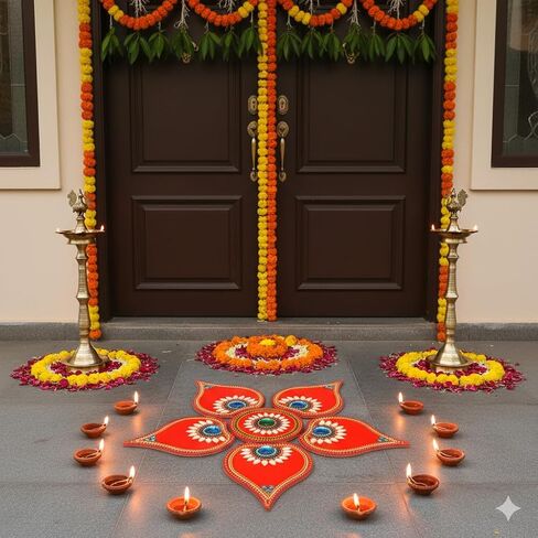 ديكورات أرضية Diwali Rangoli مصنوعة يدويًا من الأكريليك الأحمر Dipak لتزيين الطاولة وأحجار مرصعة بالترتر والديكور التقليدي لباب المنزل | ملصقات الحائط الأرضية RJV-002 in Saudi Arabia