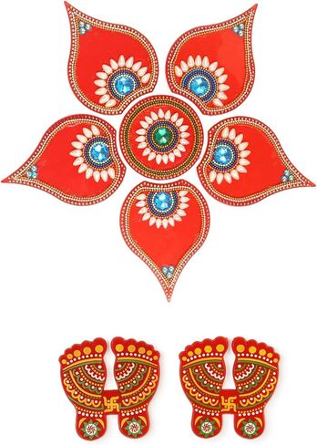 ديكورات أرضية Diwali Rangoli مصنوعة يدويًا من الأكريليك الأحمر Dipak لتزيين الطاولة وأحجار مرصعة بالترتر والديكور التقليدي لباب المنزل | ملصقات الحائط الأرضية RJV-002 in Saudi Arabia