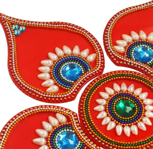 ديكورات أرضية Diwali Rangoli مصنوعة يدويًا من الأكريليك الأحمر Dipak لتزيين الطاولة وأحجار مرصعة بالترتر والديكور التقليدي لباب المنزل | ملصقات الحائط الأرضية RJV-002 in Saudi Arabia