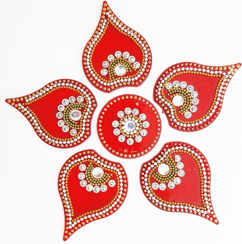 ديكورات أرضية Diwali Rangoli مصنوعة يدويًا من الأكريليك الأحمر Dipak لتزيين الطاولة وأحجار مرصعة بالترتر والديكور التقليدي لباب المنزل | ملصقات الحائط الأرضية RJV-002 in Saudi Arabia