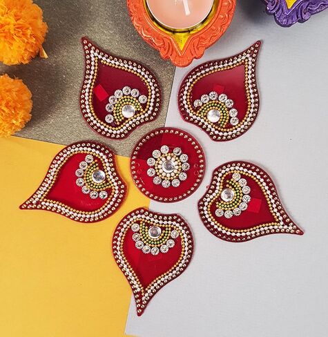ديكورات أرضية Diwali Rangoli مصنوعة يدويًا من الأكريليك الأحمر Dipak لتزيين الطاولة وأحجار مرصعة بالترتر والديكور التقليدي لباب المنزل | ملصقات الحائط الأرضية RJV-002 in Saudi Arabia