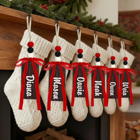 12 Pcs Christmas Stocking Name Tags with Velvet Bow Velvet Beads DIY Personalized Blank Wood Tags Xmas Stocking Hanging Tag for Christmas Tree Home Farmhouse Decor Gift(Classic Color) in Saudi Arabia
