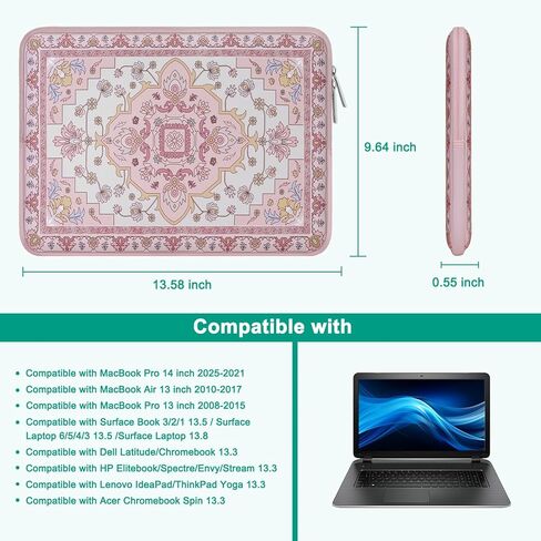 MOSISO Laptop Case 13.3 inch, 13-14 inch Laptop Sleeve Compatible with MacBook Air/Pro 13 / Pro 14,HP Dell Acer ASUS Lenovo,Vintage National Flower Neoprene Carrying Computer Bag with Small Case, Pink in Saudi Arabia